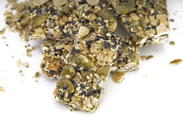 Sesame seeds Bar, Grain Bar, Nut Bars, Peanut Bar - sweet snack on white background