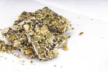Sesame seeds Bar, Grain Bar, Nut Bars, Peanut Bar - sweet snack on white background