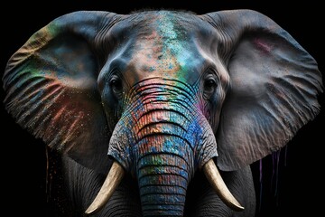 Obraz na płótnie Canvas Portrait face of an elephant with rainbow colors paint , isolated on black, generative AI