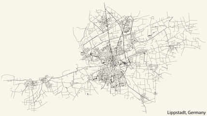 Detailed hand-drawn navigational urban street roads map of the German town of LIPPSTADT, GERMANY with vivid road lines and name tag on solid background