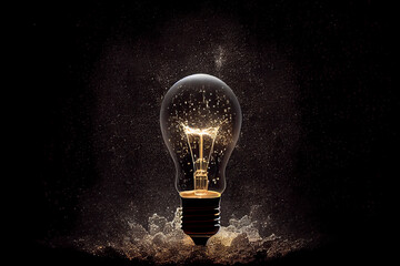 Sparkling light bulb on black background with ample copy space