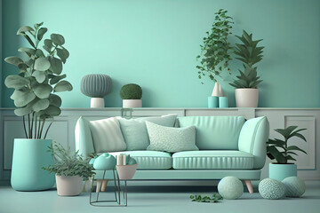 Stylish and scandinavian living room interior in a pastel green monochrome light blue color with plant pots. 3D rendering for web pages, presentations or backgrounds