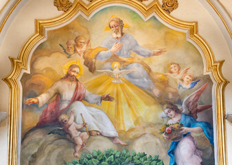 VALENCIA, SPAIN - FEBRUAR 17, 2022: The fresco of Holy Trinity  in the church Iglesia de San...