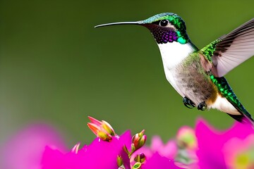 Colorful Hummingbird On Top Of Beautiful Flowers. Generative AI