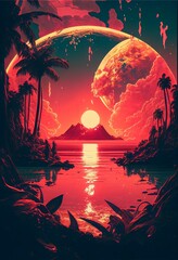 Retro science fiction image of a tropical island with palm trees. Reflection of stars in the sea. Generative AI.