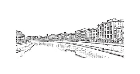 Building view with landmark of Pisa is a city in Italy. Hand drawn sketch illustration in vector.