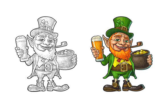 Leprechaun holding beer glass and pot of gold coins. Vector engraving.