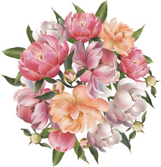 Obraz premium Floral bouquet with pink peony flowers and green leaves illustration. Summer peach garden flowers. Hand-drawn spring circular flower composition for cards design, wedding invitations, decor isolated