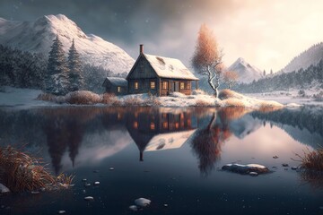 Fototapeta premium Winter house lake mountain holiday season. Snowy background cozy countryside Christmas Generative AI