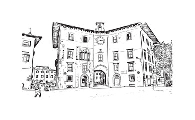 Building view with landmark of Pisa is a city in Italy. Hand drawn sketch illustration in vector.