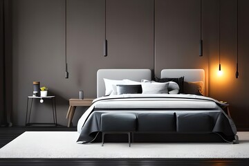 Illustration Of Modern Minimalistic Dark Bedroom. Generative AI