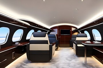 Fototapeta premium Interior Of Luxurious Private Jet With Leather Seats. Generative AI