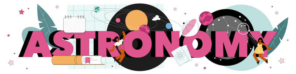 Astronomy typographic header. Professional scientist looking through a telescope