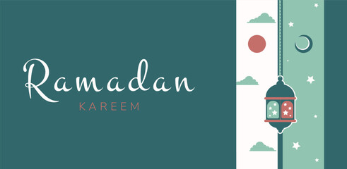Islamic greeting card with arabic lamp and inscription in Arabic Ramadan Mubarak . Vector holiday illustration in green colors for greeting card, poster and banner.
