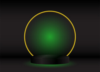 Black podium with green illumination for demonstration on black background. Realistic black pedestal. Dark background