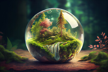 crystal globe on moss in a forest - environment concept. Generative Ai