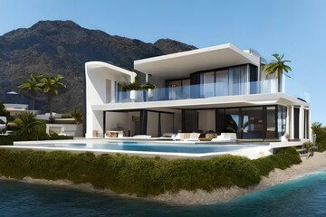 Small Luxury Modern Beach House. Beach House. Modern Architecture. Villa By The Sea. Generative AI