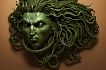 Fototapeta premium The Classic Depiction Of The Head Of The Gorgon Medusa From Ancient Mythology. A Gloomy Awesome Look Horror Fright. Technology. Generative AI