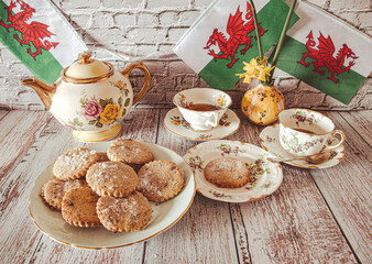 Celebration  St Davids  day  Wales  with  dflgs  vintage  tea with  home made  welsh  cakes
