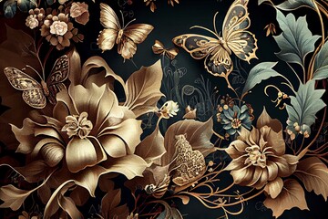 Beautiful Fantasy Vintage Wallpaper Botanical Flower Gold Loeaf Bunch.Vintage Motif For Floral Print Digital Butterflies Background. Generative AI