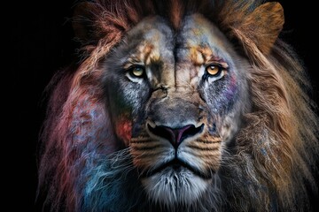 Naklejka premium Portrait face of an Lion with colors paints in face, isolated on black, generative AI
