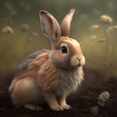 Obraz premium Adorable and realistic bunny rabbit on field background. Easter holiday concept.
