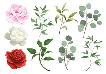 Vector set floral bouquet design garden flower rose, peony. Natural branches, green leaves, herbs. Vector elegant cute rustic greeting, Invitation, wedding, communion, postcard 