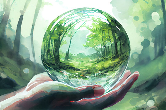Hands Holding Globe Glass In Green Forest - Environment Concept, watercolor oil painting effect. Generative Ai