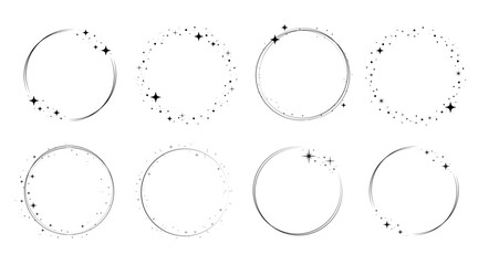 Circle star border frame set. Sparkle circle frame. Wreath round stardust border for party, birthday decor design. Laurel frame with cosmic glitter shine. Vector illustration.