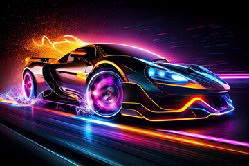 Obraz na płótnie Canvas Speeding Sports Car On Neon Highway. Powerful acceleration of a supercar on a night track