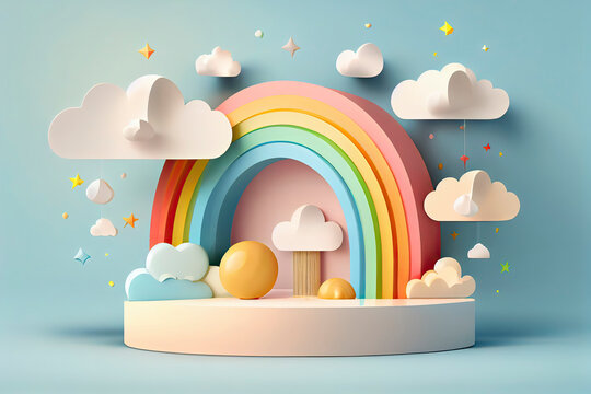 3d podium on pastel background with clouds and cute rainbow, kids product display