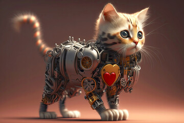 cute kitten with robotic leg and heart-rending look, generative ai