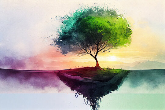 panorama small tree growing with sunrise. green world and earth day concept, watercolor oil painting effect. Generative Ai