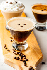 Espresso Martini. The espresso martini is a cold caffeinated alcoholic drink made with espresso, coffee liqueur, and vodka. Classic American Cocktail favorite. 