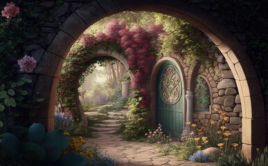 Magical garden with archway filled with blooming flowers - Generative Ai