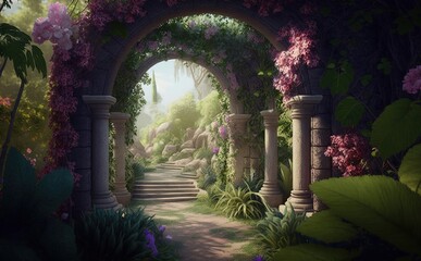 Magical garden with archway filled with blooming flowers - Generative Ai