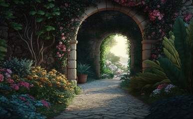 Fototapeta premium Magical garden with archway filled with blooming flowers - Generative Ai