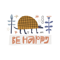 Be Happy hand drawn lettering slogan.