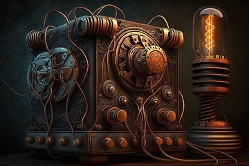 Steampunk gears and electric arc generator light, AI