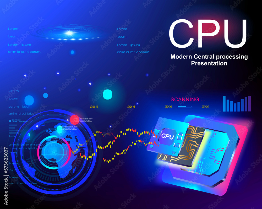 Poster cpu. powerful processor on futuristic cyber background. new generation digital chip with hud cyber e