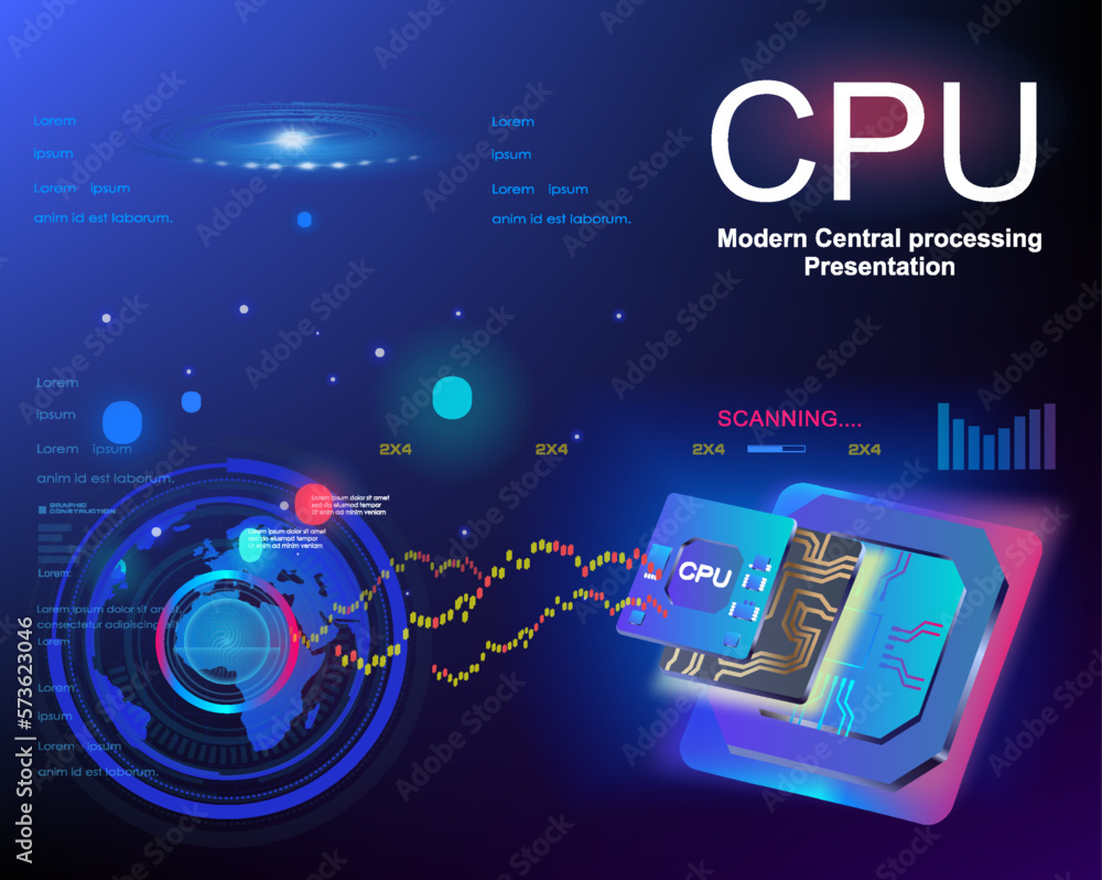 Poster cpu. powerful processor on futuristic cyber background. new generation digital chip with hud cyber e