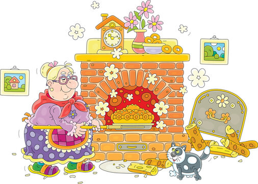 Funny Granny With A Merry Cat Baking A Tasty Sweet Traditional Cake In An Old Bricky Oven For A Festive Table In Her Pretty Kitchen Decorated With Pictures, Flowers In A Vase And A Toy Clock