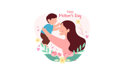Happy Mother's Day. Happy Mother and Her Child Illustration