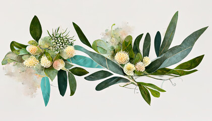 Fototapeta premium Watercolor eucalyptus flower arrangement, Greenery branches and jasmine flowers clipart. Generative Ai