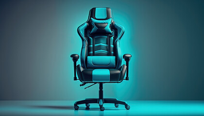 Cyan blue gaming chair advertisement background, copy space (created with Generative AI)