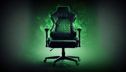 Green gaming chair advertisement background, copy space (created with Generative AI)