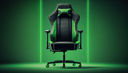 Green gaming chair advertisement background, copy space (created with Generative AI)
