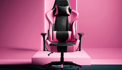 Pink gaming chair advertisement background, copy space (created with Generative AI)