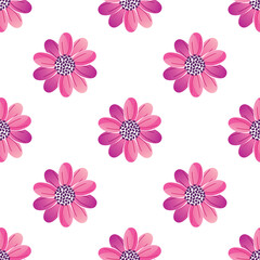 Floral regular seamless pattern. Beautiful pink flowers repeat on white background. Vector illustration.