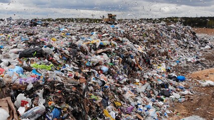 Large landfill near the metropolis. View from the drone.